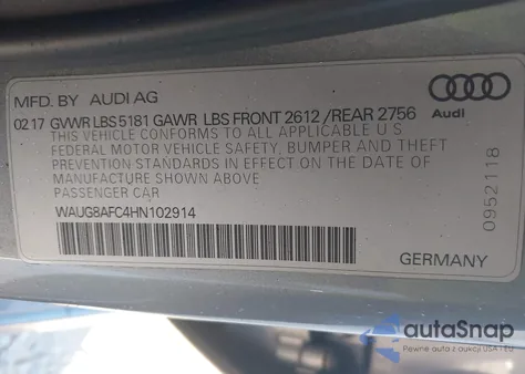 2017 Audi A6 2.0T Premium z USA, uszkodzony, nr VIN WAUG8AFC4HN102914